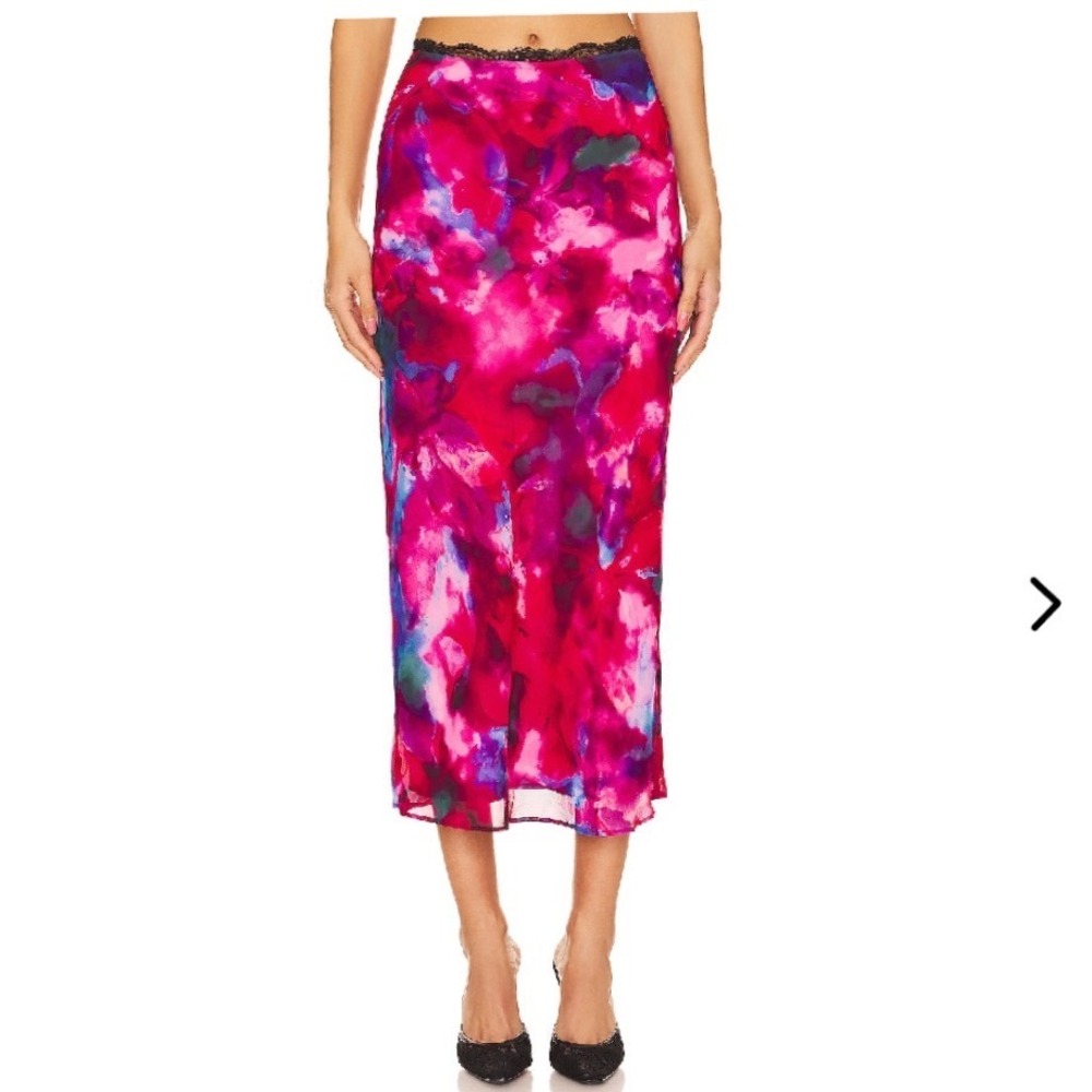 Lovers & Friend Pheonix Midi Skirt XS Watercolor Floral Lace Trim Fuchsia Purple